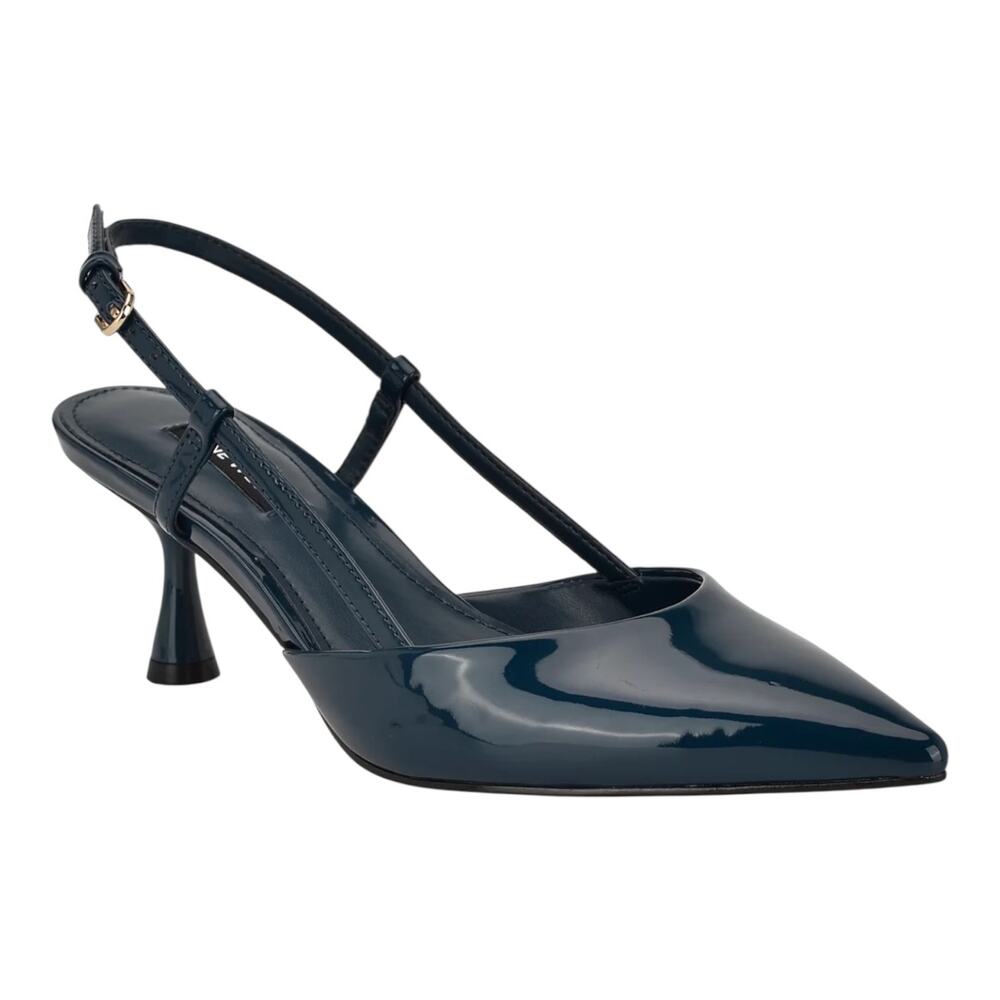 Nine West Women's Rhonda Kitten Heel Slingback Pumps Dark Blue Patent Size 6 1/2